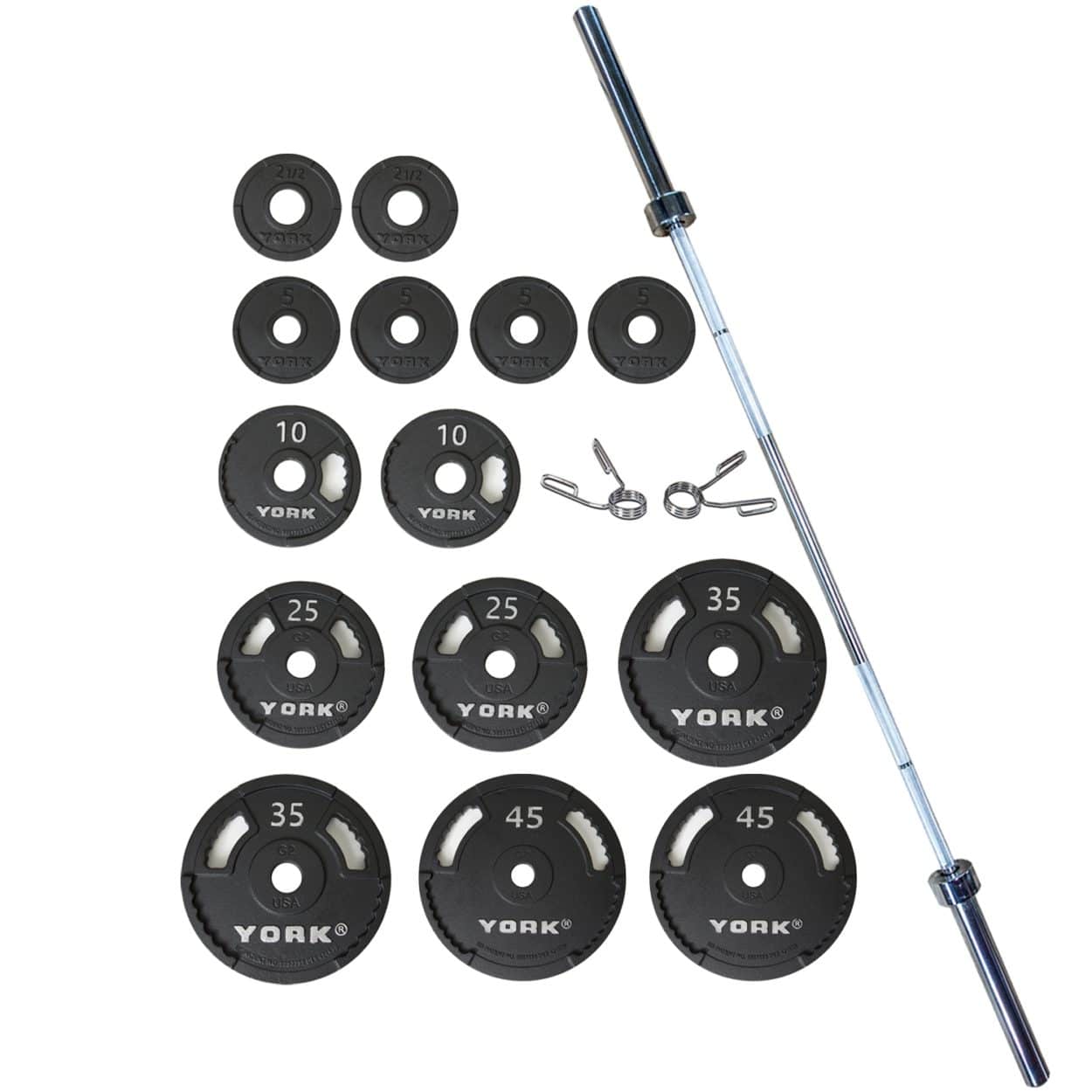 York Barbell 300 Lbs. G-2 Dual Grip Thin Line Cast Iron Set (2 X 45 Lb, 35 Lb, 25 Lb, 10 Lb, 2.5 Lb, & 4 X 5 Lb) 700#Test Bar, Pr. Spring Collars