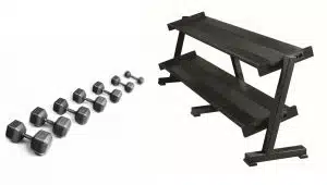 York Barbell Pro Hex Db Stock Sets With Racks 5 - 50 Lbs. In 5 Lbs Increments With (1) 69128 - Two-Tier Tray Dumbbell Rack